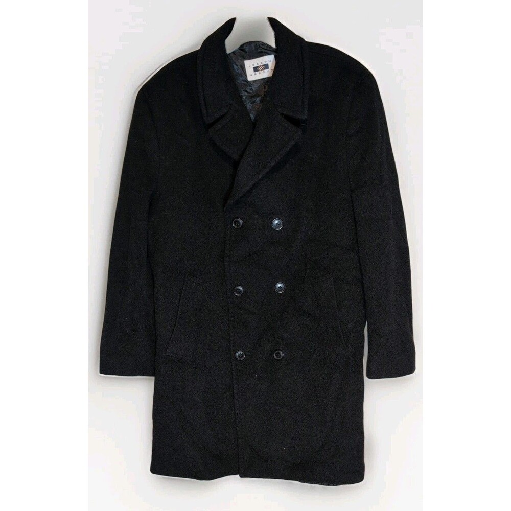 Joseph Abboud Wool Black Pea Trench Coat Overcoat Lined Men 44 Mid Length